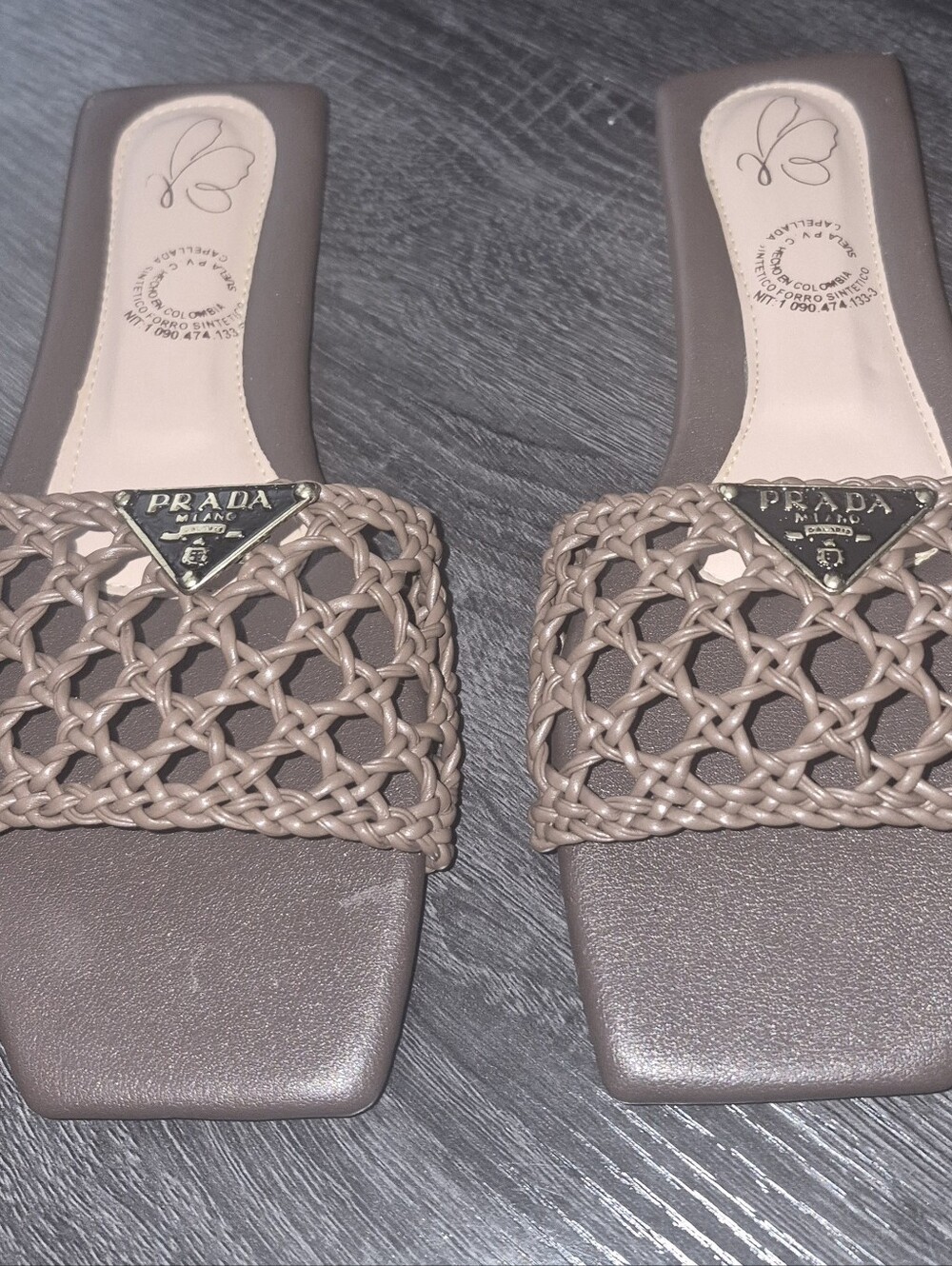 PRADA Taupe Woven Slide Sandals - Women's